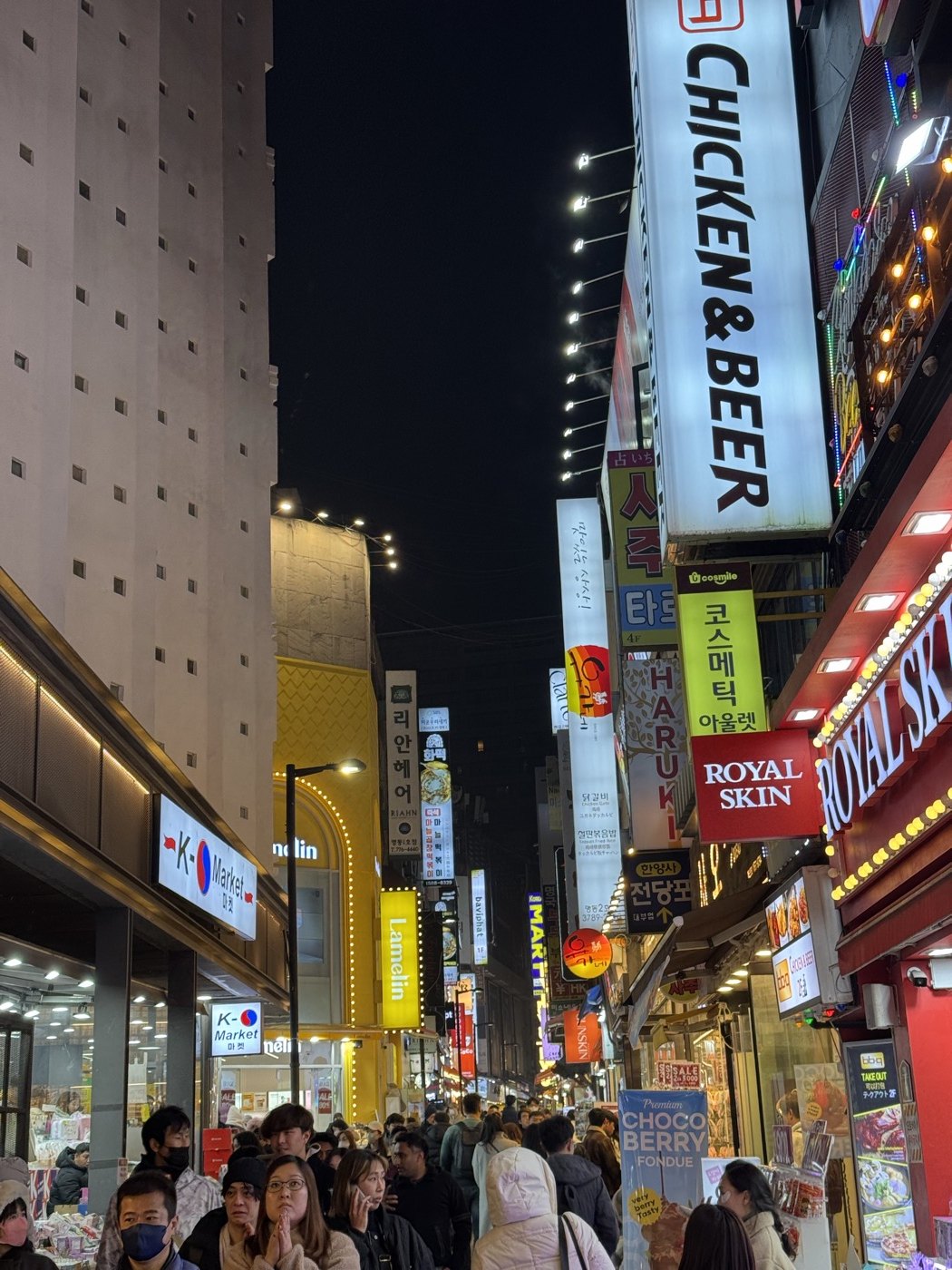 A busy shopping street in Korea with bright signs at night