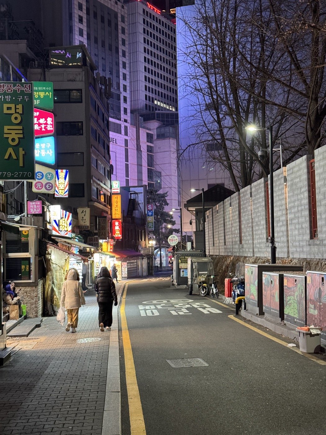 People walking down a narrow Korean street at night