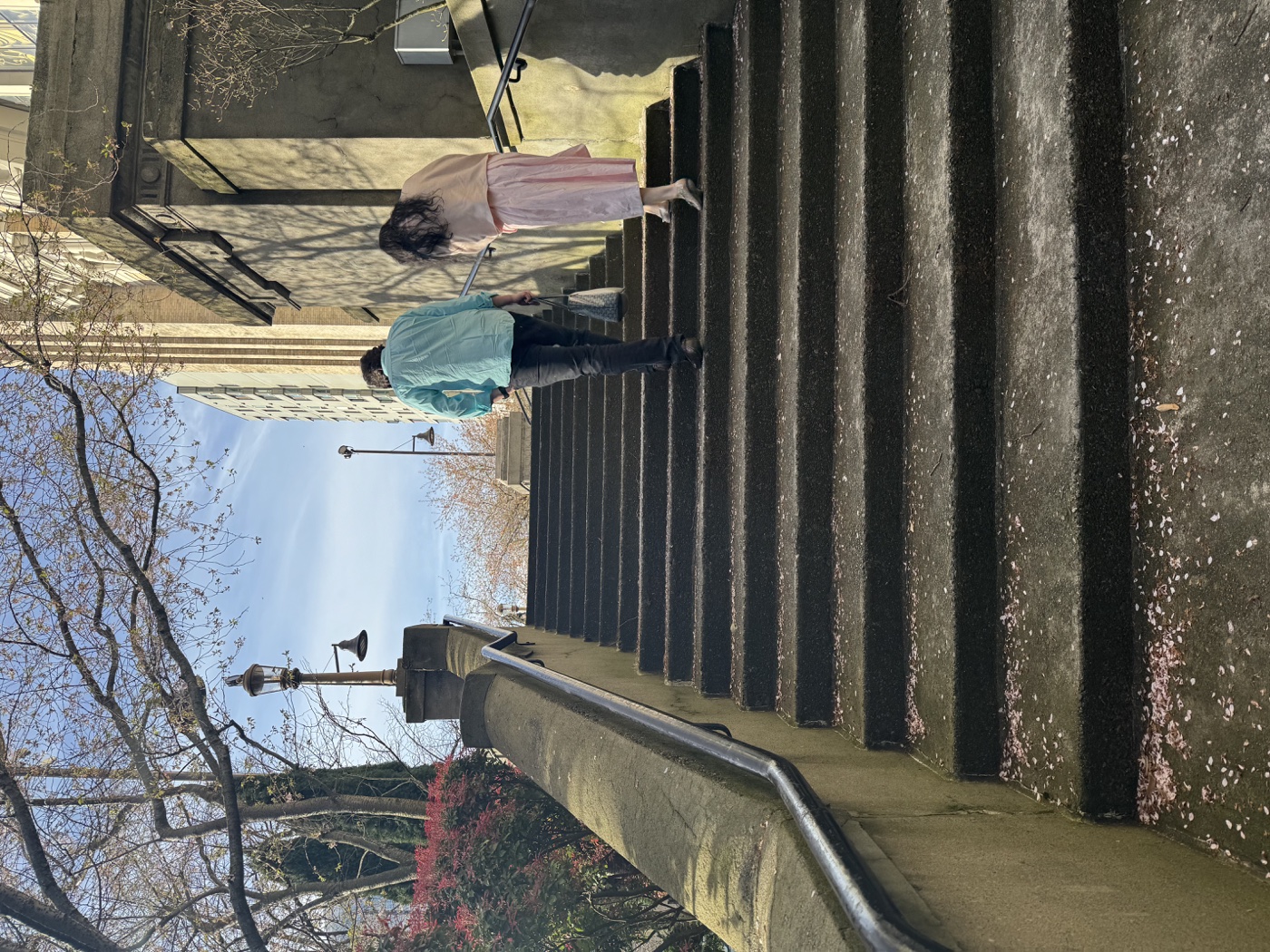 Two people climbing outdoor stairs beneath cherry blossoms