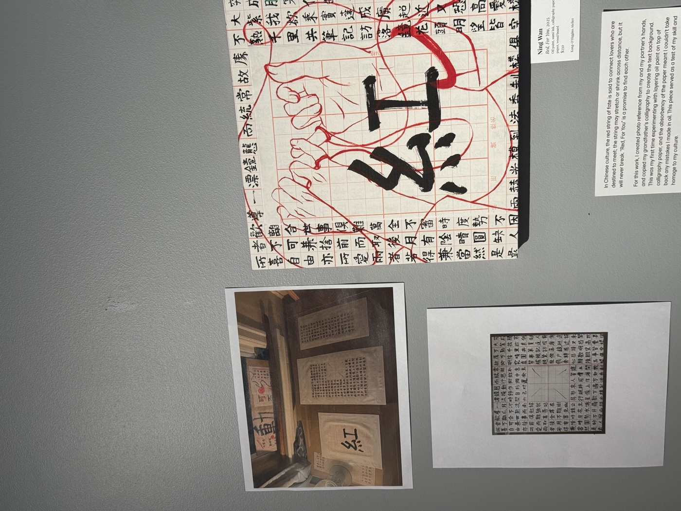An art installation with Chinese characters displayed on a gallery wall
