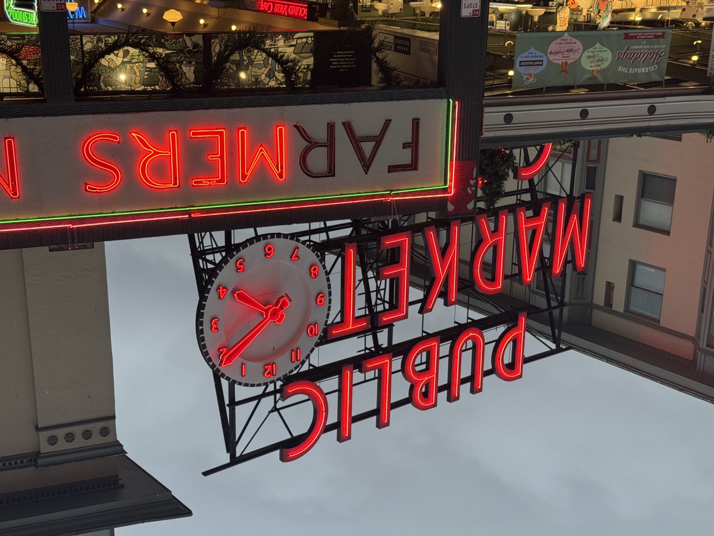 The neon Public Market sign at Pike Place Market